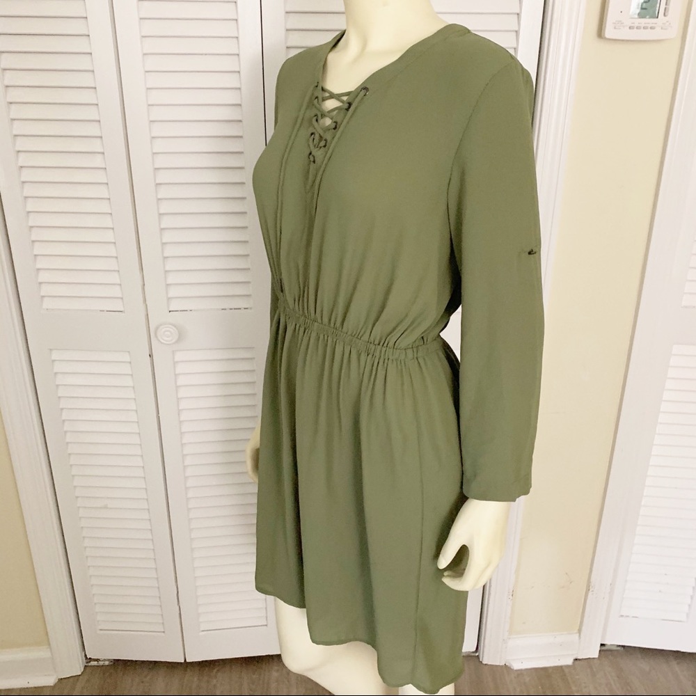 Mossimo Olive Green Lace Up Long Sleeve Dress M - Picture 4 of 8